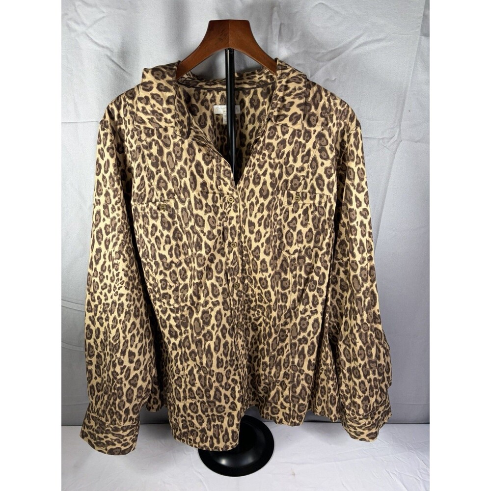 Charter Club Shirt Womens 20W Brown Leopard Print Button Front Roll Tab Top Nice